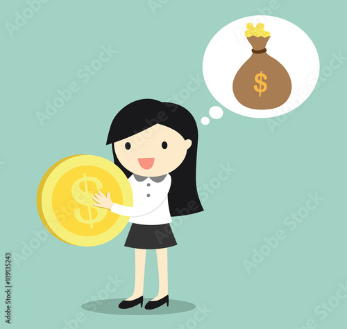 Business concept, Business woman is thinking about earning money/investment. Vector illustration.