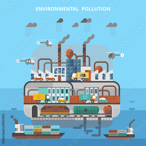 Ecology concept - Environmental pollution.Transportation by land, water and air.
