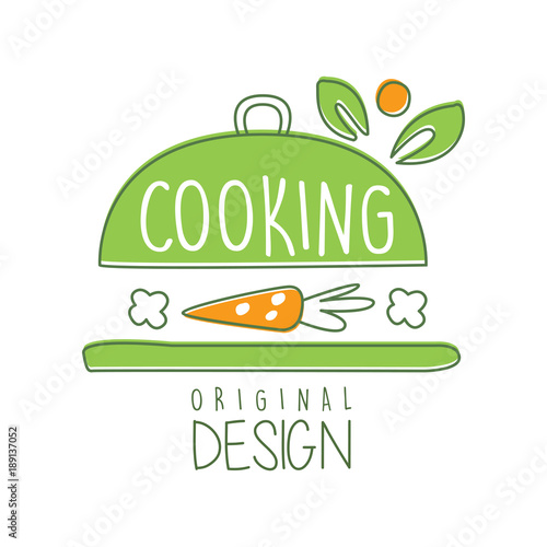 Cooking logo original design with cookware and carrot. Creative line label for organic food cafe, delivery service, restaurant. Vector on white.