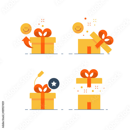 Prize give away, surprising gift, emotional present, fun experience, gift idea concept, flat icon