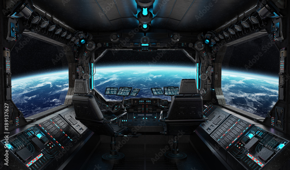 Fototapeta premium Statek kosmiczny grunge wnętrza z widokiem na planecie Ziemia