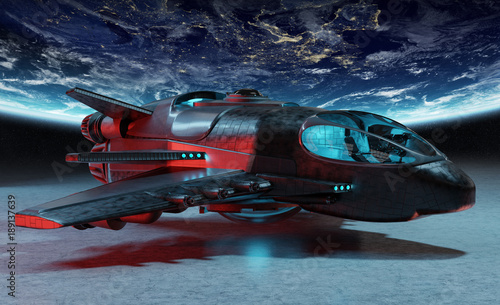 Fototapeta Naklejka Na Ścianę i Meble -  Futuristic spacecraft on planet background 3D rendering elements of this image furnished by NASA