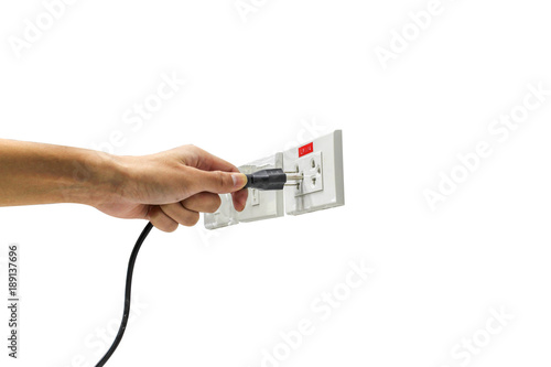 Hand are plugged in or unplugged electricity. Separated from a white background.