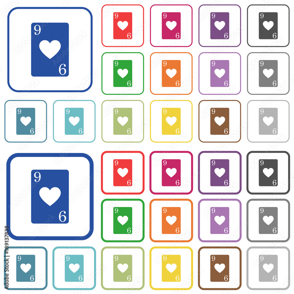 Nine of hearts card outlined flat color icons