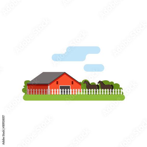 Red barn, horse in the corral on farm, rural landscape vector Illustration