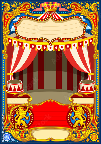 Circus poster or card theme. Vintage frame with circus tent for kids birthday party invitation or post. Quality template vector illustration