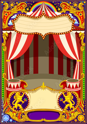 Circus cartoon poster theme. Vintage frame with circus tent for kids birthday party invitation or post. Quality template vector illustration
