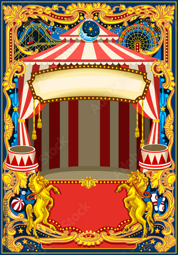 Circus poster theme. Vintage frame with circus tent for kids birthday party invitation or post. Quality template vector illustration
