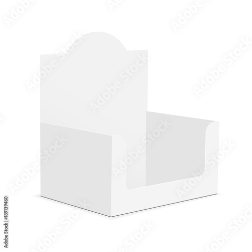 White blank cardboard display box - 3/4 left view. Vector illustration