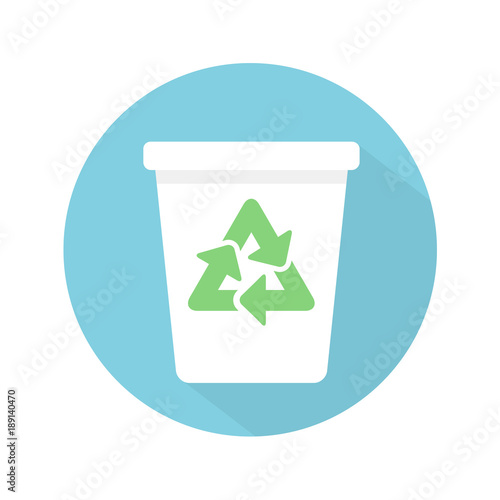 White trash bin icon with green recycle symbol