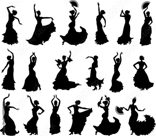 Large set of silhouettes of flamenco dancers photo