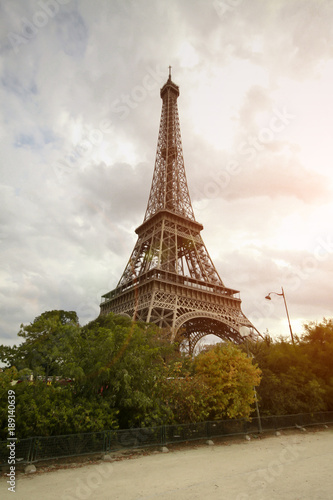 daytime view from below the Eiffel Tower, sunset, green bushes © Aleksandr