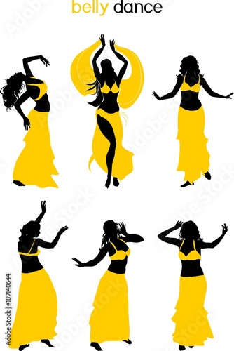 Set of silhouettes of belly dancers in yellow bedlah