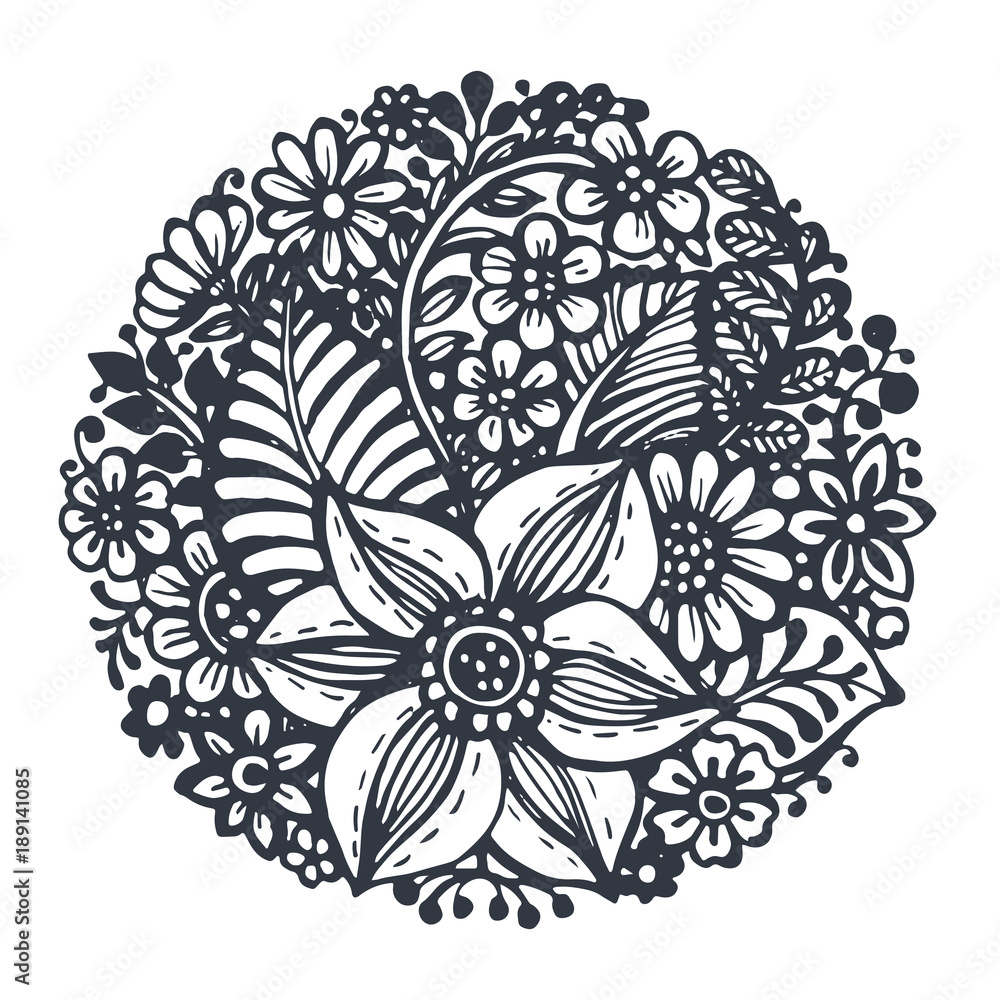 Fototapeta premium Beautiful vector flowers and plants in the circle.