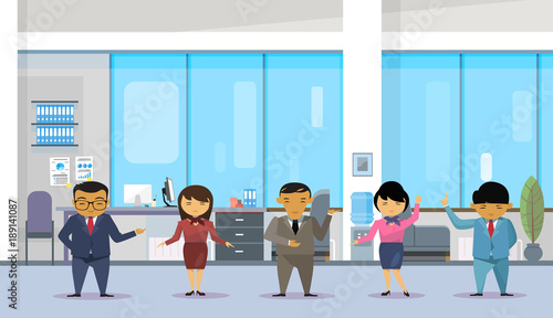 Group Of Asian Business People Wearing Suits In Modern Office, Korean Businesspeople Employees Team Flat Vector Illustration
