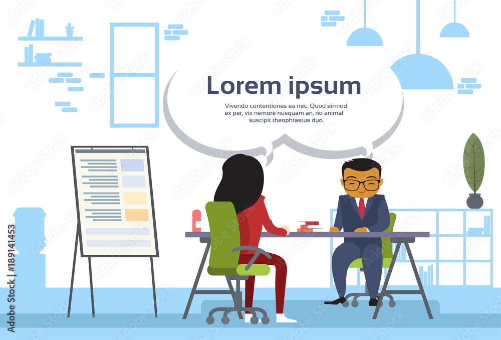Asian Business Man And Woman Meeting Business People Sitting At Office Desk Sales Report On Board Flat Vector Illustration Asian Business Man And Woman Meeting Business People Sitting At Office Desk Sales Report On Board Flat Vector Illustration