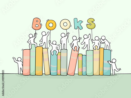 Sketch of working little people with books.
