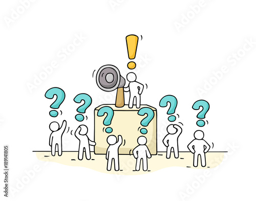 Sketch crowd of little people with questions.