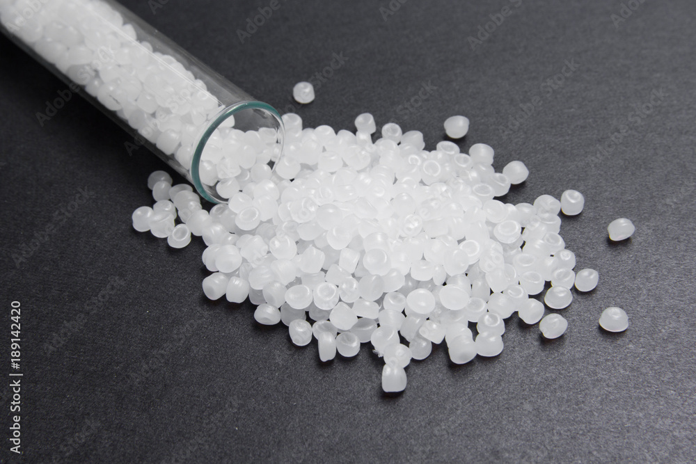 Plastic pellets. Transparent Polyethylene granules. Plastic Raw