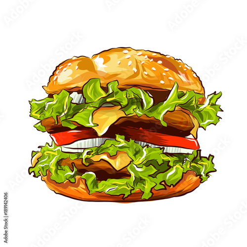 Vector Fast Food Hamburger Classic Burger American Cheeseburger with Lettuce Tomato Onion Cheese Beef and Sauce isolated on white Background