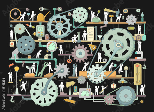 Sketch of people teamwork, gears, production.