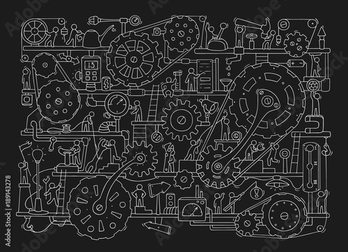 Sketch of people teamwork, gears, production.