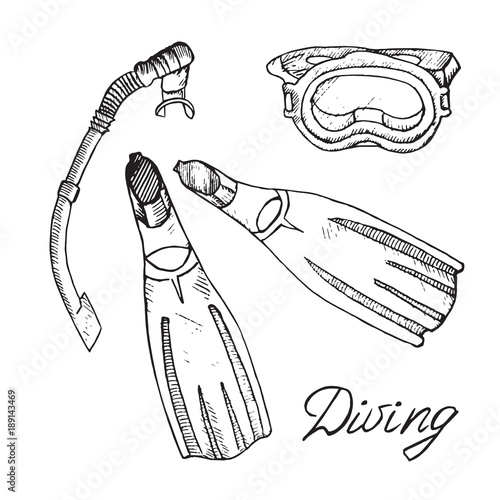 Diving mask, flippers and snorkel, hand drawn doodle sketch with inscription, isolated vector outline illustration