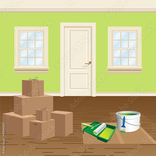 Home interior renovation and repainting vector illustration. Renovation tools - paint roller, brush and bucket of paint