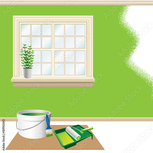 Home renovation and repainting vector illustration. Interior with painted wall and renovation tools - paing roller, brush and bucket of paint