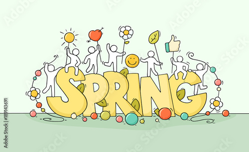 Sketch of little people with big word Spring.