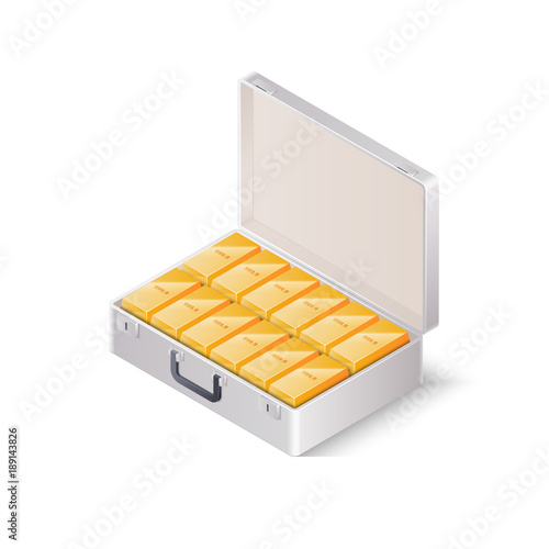 Case full of gold bars. Isometric vector illustration