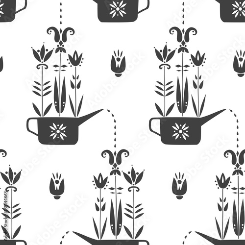 Vector spring seamless pattern. Three ornamental flowers in an ethnic style growing out of watering can.