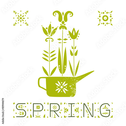 Vector illustration of spring. Three ornamental flowers in an ethnic style growing out of watering can and decorative text "Spring."