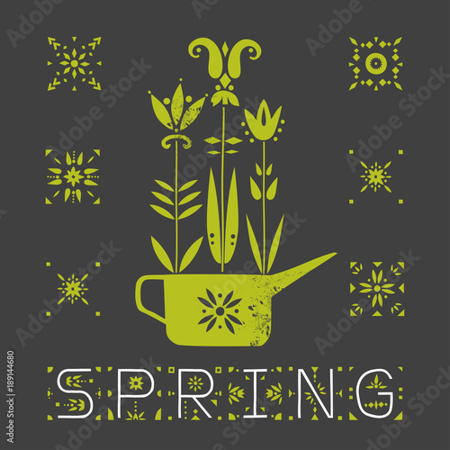 Vector illustration of spring. Three ornamental flowers in an ethnic style growing out of watering can and decorative text "Spring." Black background.