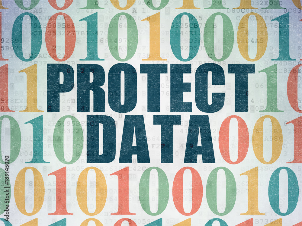 Protection concept: Painted blue text Protect Data on Digital Data Paper background with Binary Code
