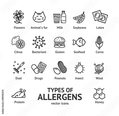 Allergens Signs Black Thin Line Icon Set. Vector