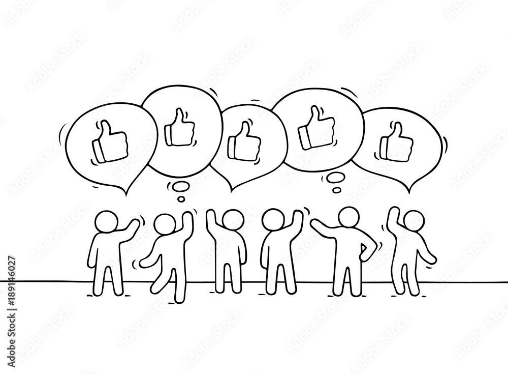 Crowd of working little people with speech bubbles and likes. Crowd of working little people with speech bubbles and likes.