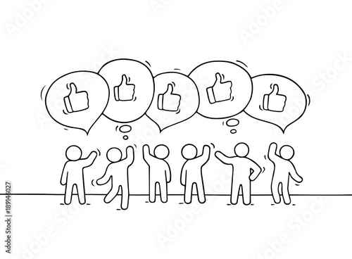 Crowd of working little people with speech bubbles and likes.