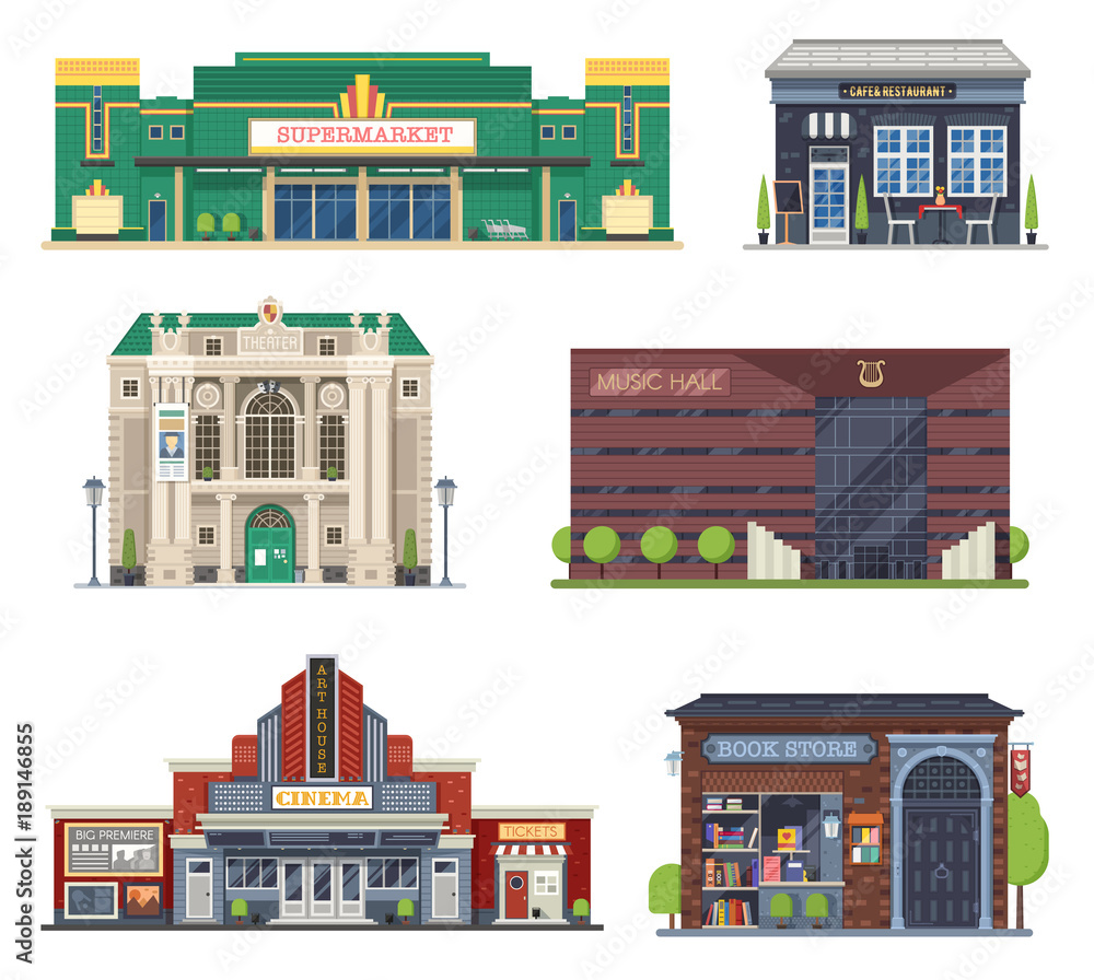 Cartoon city public buildings collection for culture and entertainment. Supermarket, cafe restaurant, theater, music hall, cinema and book shop. Modern city creator set in flat design.