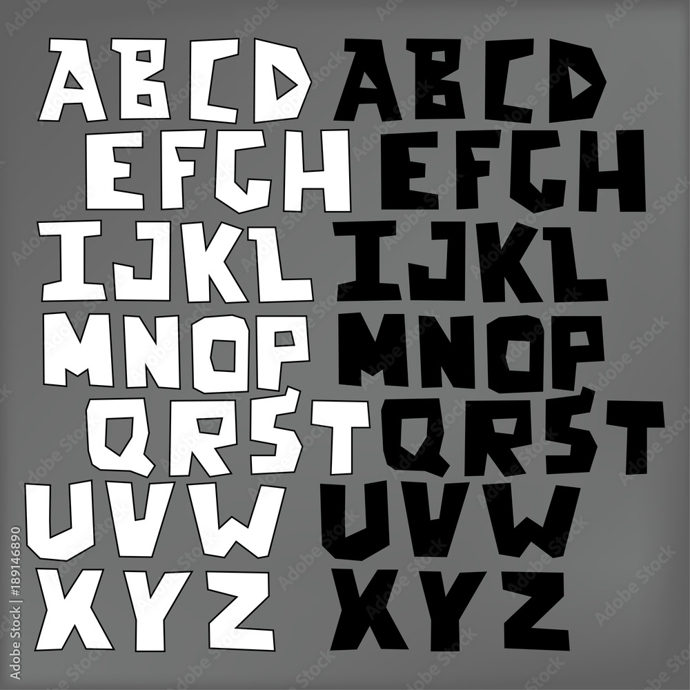Hand lubberly cut vector alphabet set in black and white.