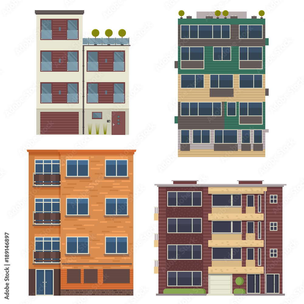 Modern block city apartment buildings for town constructor or real estate agency. Minimalist multistory living houses with balconies vector illustration in flat design. Bauhaus urban homes set.