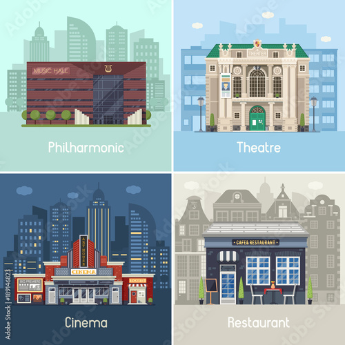 Entertainment city places set with public buildings scenes and concepts in flat design. Cafe restaurant, music theater, philharmonic hall and movie cinema on modern city backgrounds. Urban collection.