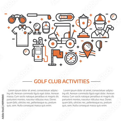 Golf club banner or header template in line art style. Golf icons concept background with ball, golfer, bag, umbrella and other elements and accessories.