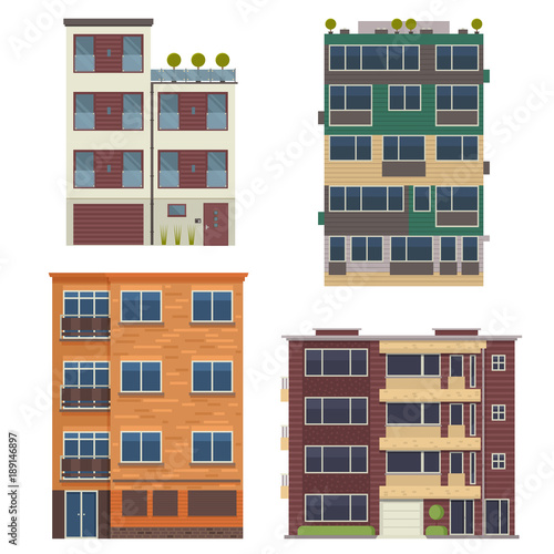 Obraz na płótnie Modern block city apartment buildings for town constructor or real estate agency. Minimalist multistory living houses with balconies vector illustration in flat design. Bauhaus urban homes set. w salonie
