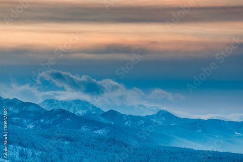 Panorama of the High Tatra Mountains in the evening  Poland