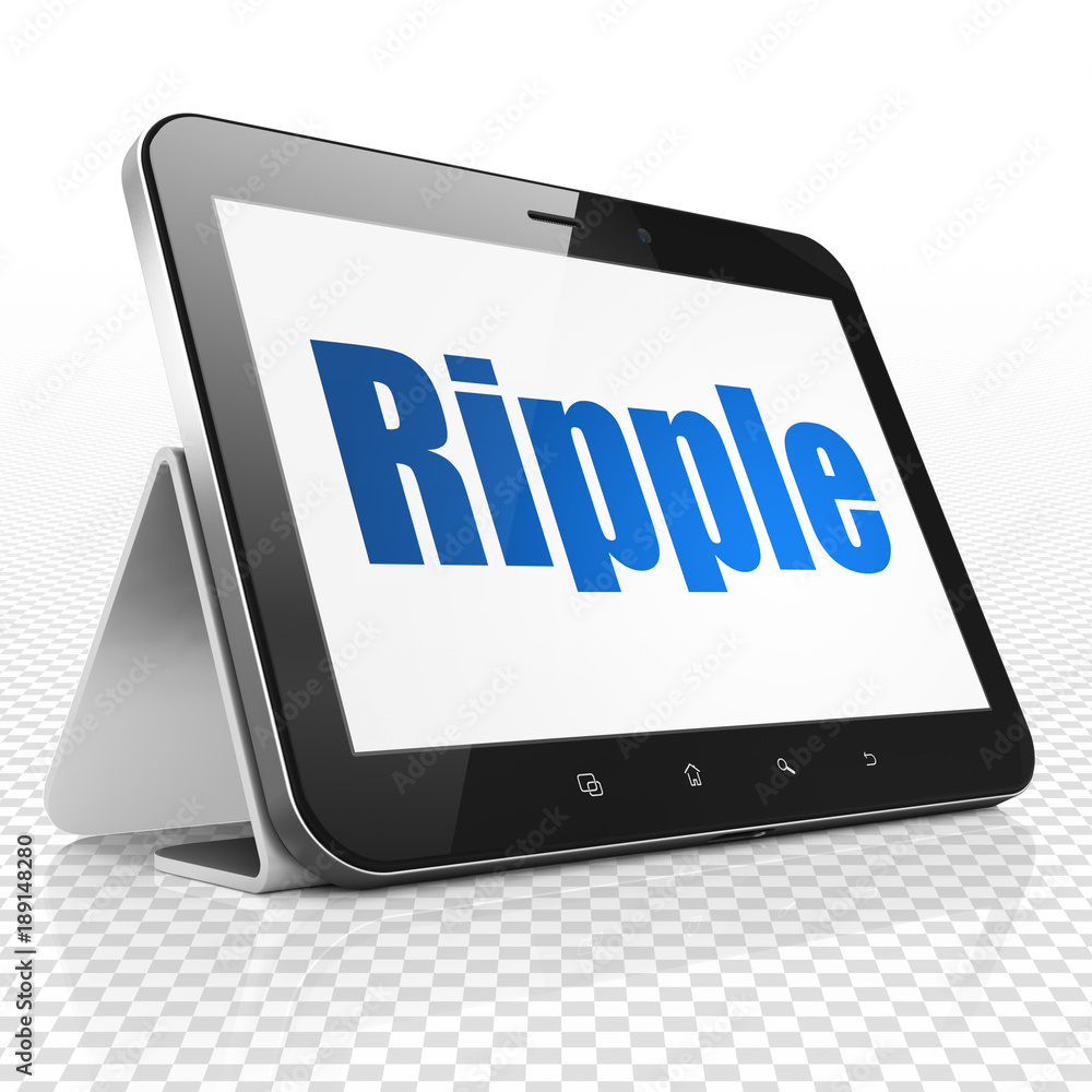 Cryptocurrency concept: Tablet Computer with blue text Ripple on display, 3D rendering Cryptocurrency concept: Tablet Computer with blue text Ripple on display, 3D rendering