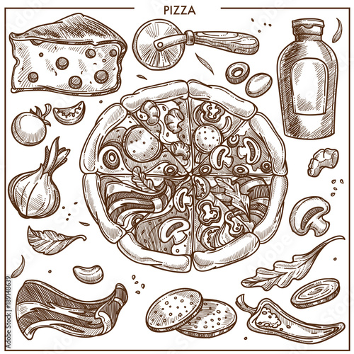 Pizza ingredients sketch vector icons for Italian pizzeria restaurant design