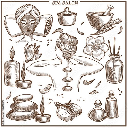 SPA salon treatments sketch vector icons for woman skincare or beauty center design