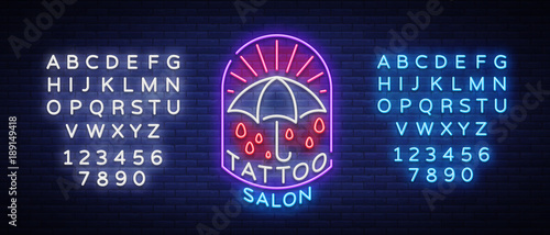 Tattoo salon logo in a neon style. Neon sign, emblem, umbrella symbol, light billboards, neon bright advertising on tattoo theme, for tattoo salon, studio. Vector illustration. Editing text neon sign