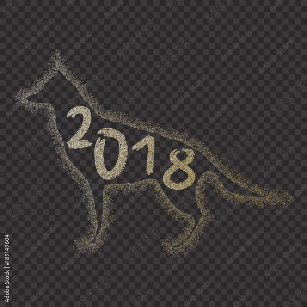 Obraz premium 2018 chinese new year of yellow dog minmal concept with golden vector lines, glitter, foil texture, animal silhouette, template for calendar, poster, banner, greeting card.
